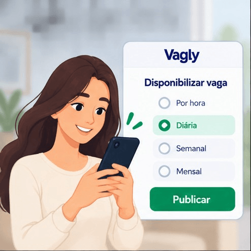 Mariana escolhe a modalidade e o período em que a vaga fica disponível.