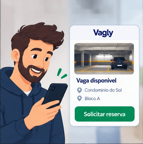 Lucas consulta as vagas disponíveis no próprio condomínio.