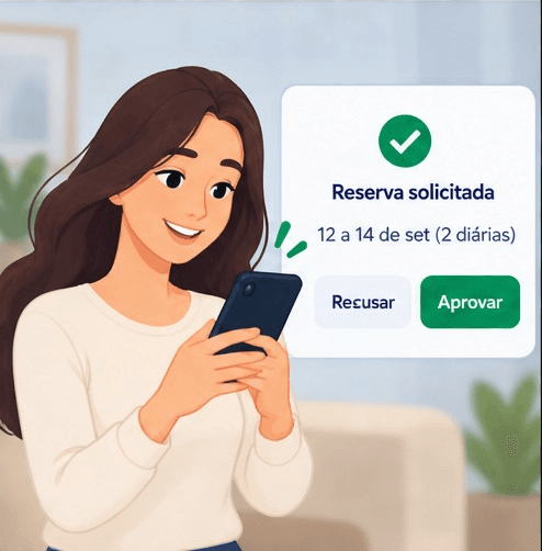 Mariana revisa os dados da solicitação e confirma a reserva.